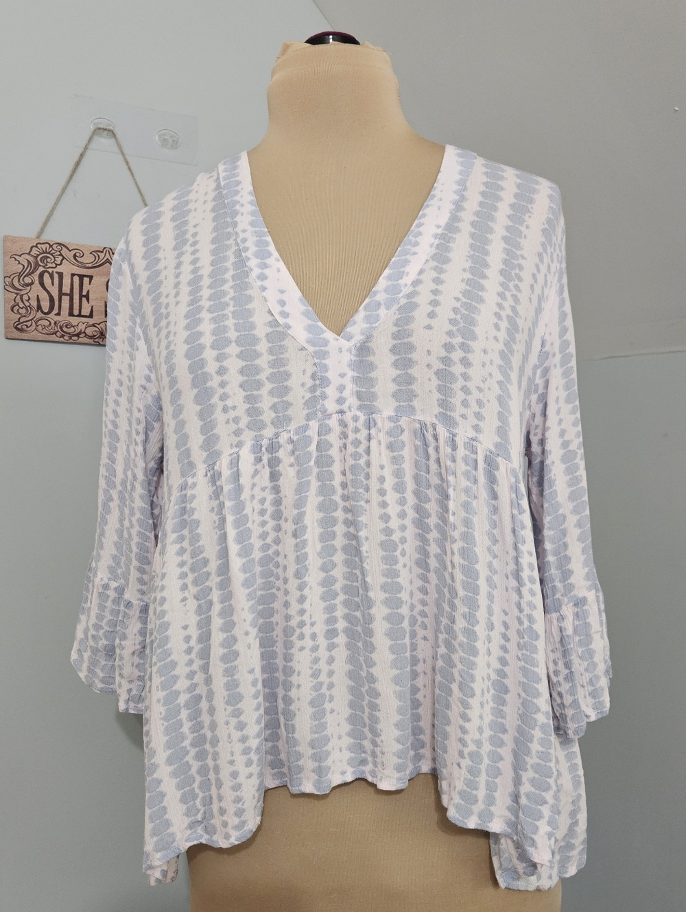Light Blue Pink Boho Babydoll Peasant Blouse V Neck Boho Flowy Top M
